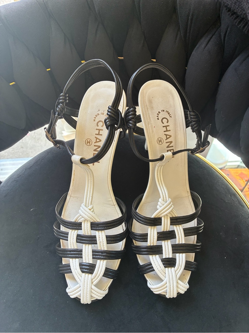 CHANEL Black and White Knotted Strap Sandals / 40
